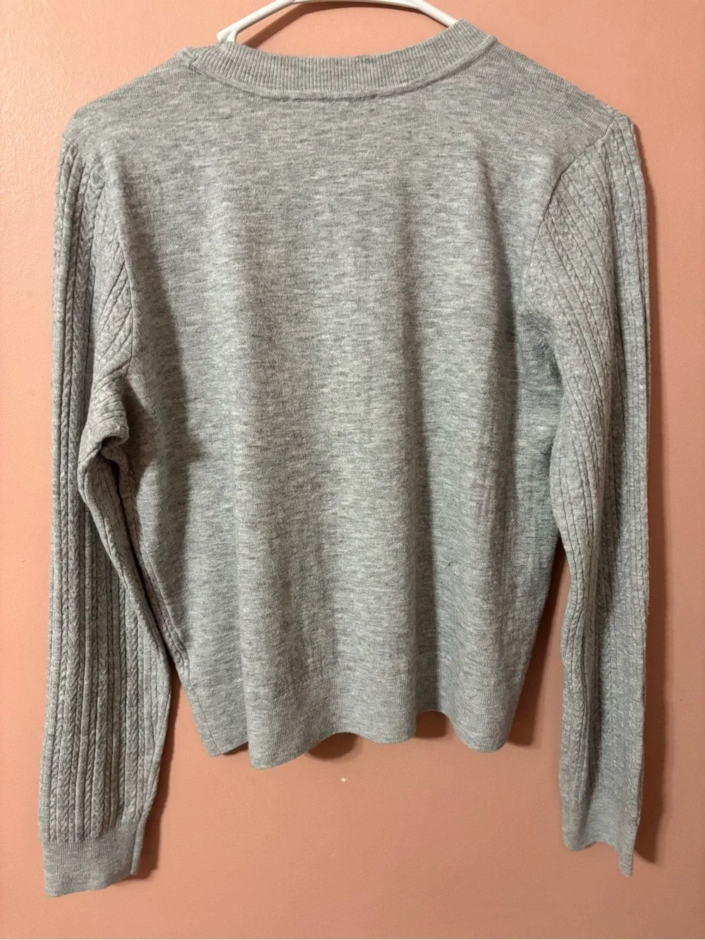 Michael Kors Heather Gray Cable Knit Crewneck Sweater with Shoulder Buttons